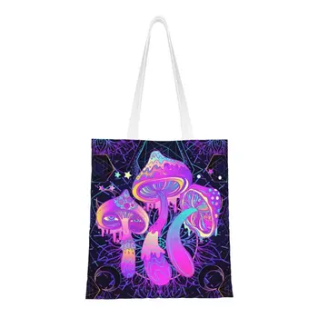 Волшебный гриб, модная психоделическая неоновая пастельная готическая сумка для покупок, милая холщовая сумка для покупок с принтом, сумка-тоут на плечо, сумочка