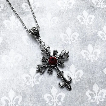 Готическое винтажное ожерелье с инкрустацией из красного циркона в европейском стиле, эффектное ожерелье с подвеской в виде креста для женщин, украшения для праздничных вечеринок