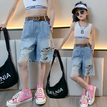 Детские летние шорты Модные Джинсовые шорты с дырками Для молодых Девушек джинсы для девочек-подростков