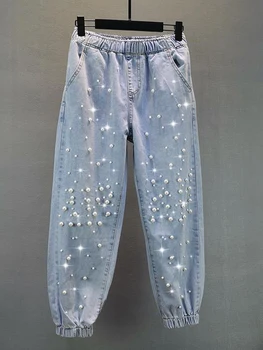 Джинсы с заклепками, женская мода 2023, Новые летние шаровары, Свободные леггинсы с узкой талией, расшитые бисером, женские джинсовые брюки