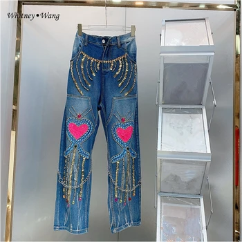 Дизайнерский стиль WHITNEY WANG 2023 Весенняя мода Уличная Одежда с блестками и бисером Цепочки Джинсы Женские Стильные джинсовые брюки