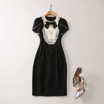 Европейская и американская женская одежда 2023, летняя новинка, Приколите бант из бусин к шее с коротким рукавом, модное черное платье XXL