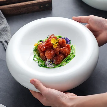 Европейская керамическая Белая обеденная тарелка с утолщенным стейком в западном стиле, тарелка для пасты, Изысканный Фруктовый салат, Десертная чаша, Ресторанная посуда