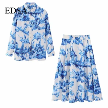 Женская элегантная синяя рубашка из поплина с принтом EDSA и юбка Миди, комплекты из 2 предметов, повседневная уличная одежда для девочек в тон.