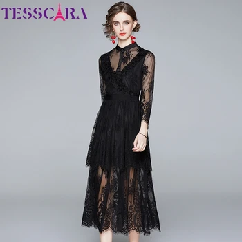 Женское Осеннее Элегантное Кружевное платье-рубашка TESSCARA, Высококачественное Длинное Черное Офисное Вечернее платье, женское Винтажное Дизайнерское Сетчатое платье-Vestidos