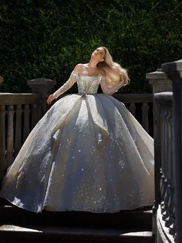 Изысканное бальное платье, свадебные платья с длинными рукавами, Бато, Блестящие аппликации из бисера, 3D кружева, многослойные свадебные платья с оборками