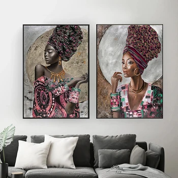 Картина на холсте с абстрактным портретом черной африканской женщины, художественный плакат и принты с изображением золотисто-розовой девушки для декора гостиной и спальни
