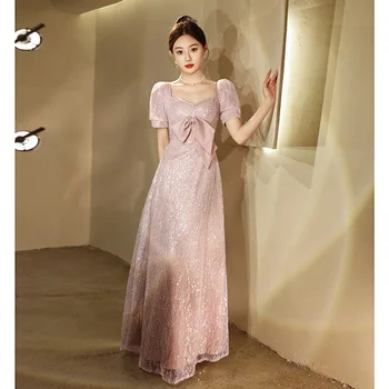 Коктейльное платье с розовыми блестками, женское вечернее платье с V-образным вырезом и рукавами-пузырями и бантом, элегантные классические платья для выпускного вечера трапециевидной формы длиной до пола