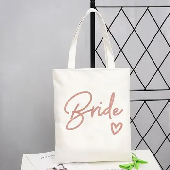 Команда невесты, напечатанная розовым шрифтом, Белая холщовая экологичная сумка для покупок, высококачественная женская повседневная большая сумка, моющаяся сумка-тоут