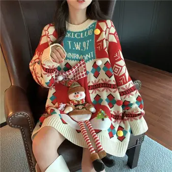 Корейский новый Рождественский вязаный свитер с красным узором и рисунком мультяшного снеговика, женский свободный осенний пуловер с круглым вырезом в стиле харадзюку