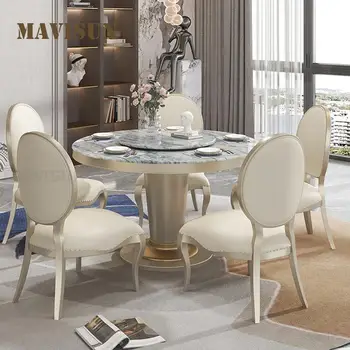Круглый обеденный стол в американском стиле с мраморным поворотным столом, устойчивый каркас из нержавеющей стали, Роскошный кухонный стол и стул