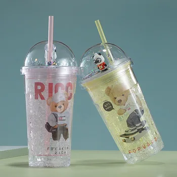 Милый медведь, Двухслойная Пластиковая соломенная чашка, Летние Стаканчики для напитков со льдом, Мультяшный подарок для пары, креативная повседневная чашка, Кавайная бутылка для воды