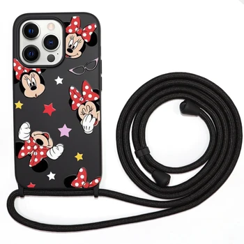 Милый мультяшный чехол для телефона Disney с ожерельем на шнурке для iPhone 11 12 13 14 Pro MAX Mini 7 8 Мягкий противоударный чехол с Микки Маусом