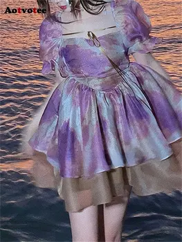 Мини-платье Aotvotee Tie Dye, Новое Модное Элегантное Платье с Пышными Рукавами на шнуровке для Женщин, Летнее Шикарное Бальное Платье 2023, Винтажное платье