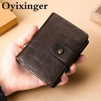 Мужской кошелек OYIXINGER, мужской маленький карман с RFID-блокировкой, кошелек Crazy Horse из натуральной кожи с откидным удостоверением личности, винтажный кошелек для монет, мужской