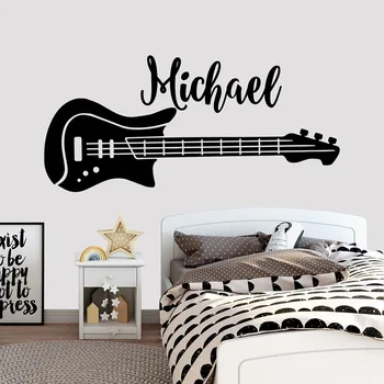 Наклейка на стену с персонализированным именем, Декор стены в спальне для гитариста, Винил, Музыкальная наклейка на стену с пользовательским названием, Декор детской комнаты для подростков A306