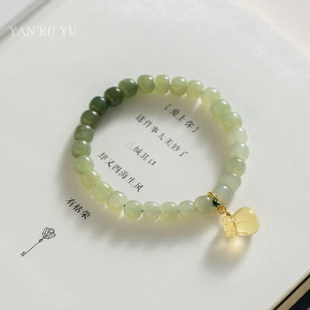Настоящий натуральный Хотанский Нефрит, Зеленый браслет для женщины, Эластичный градиент цвета, браслет для благословения, ювелирные изделия в китайском стиле