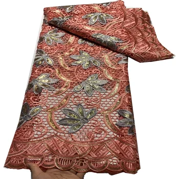 Нигерийский бисер ручной работы, кружевная ткань, высококачественная вышивка пайетками, Африканская Французская кружевная ткань для платья FT28