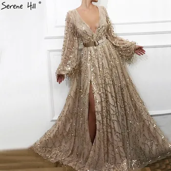 Новейшие дизайнерские роскошные вечерние платья с блестками 2023 года в Дубае, сексуальные вечерние платья с длинными рукавами и V-образным вырезом LA60789