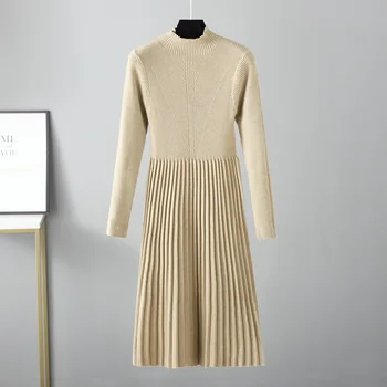Новое осенне-зимнее платье 2022 года, однотонное, с высоким воротником, утолщенное, длиной до колен, со средней талией, платье