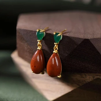 Новые каплевидные серьги из натурального красного турмалина Хотан Юнань, ретро элегантные женские серебряные украшения для вечеринки по случаю дня рождения.