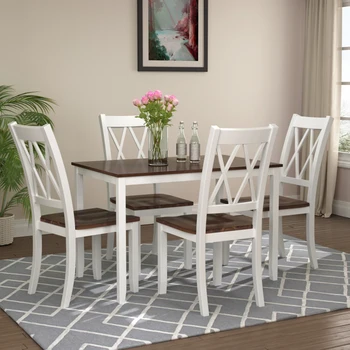 Обеденный стол из 5 предметов, домашний кухонный стол и стулья, деревянный обеденный набор в стиле середины века (белый + вишневый)
