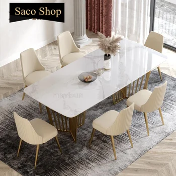 Обеденный стол из яркой каменной плиты прямоугольной формы из нержавеющей стали, Кухонный стол нестандартного цвета для ресторана, мебель для большой семьи