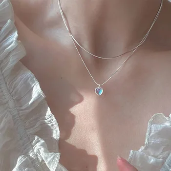 Ожерелье для женщин с индивидуальным кулоном INS, цепочка на шею, разноцветный камень в форме сердца, двухслойный дизайн, ожерелье из лунного камня с любовью