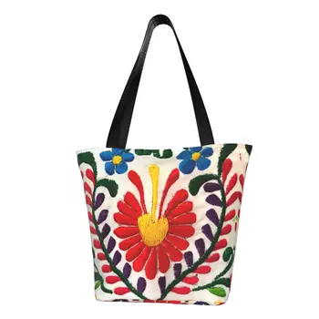 Переработка Мексиканских цветов Художественная хозяйственная сумка Женская холщовая сумка через плечо Портативные сумки для покупок с текстильной вышивкой