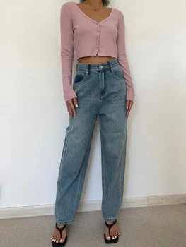Персонализированные дизайнерские контрастные джинсы с карманами для полных женщин, тонкие и свободные 9-дюймовые брюки с прямыми штанинами, новый стиль