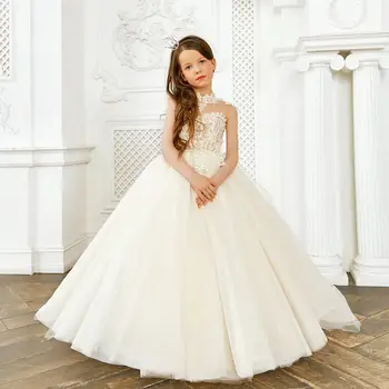 Платья для девочек с цветочным узором для свадеб, платья для девочек с кружевным бантом, нарядные платья для первого причастия, Красивое бальное платье