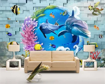 Пользовательские обои 3D кирпичная стена подводный мир 3D мультфильм дельфин гостиная ТВ фон настенная декоративная роспись настенная роспись