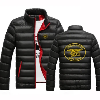 Принт логотипа Navy Seal 2023, Мужская Новая зимняя теплая Повседневная верхняя одежда, пальто, Однотонный воротник-стойка, Ветрозащитная куртка с хлопковой подкладкой, топ