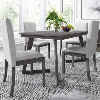 Простой и стильный обеденный набор из 5 предметов, деревянный прямоугольный стол с 4 стульями из льняной ткани, подходит для гостиной, столовой