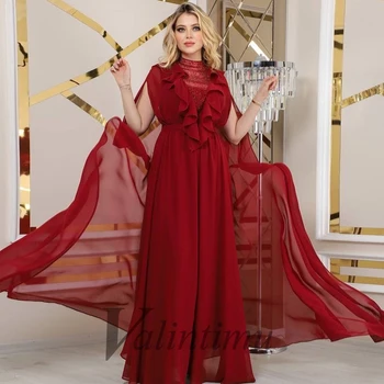 Простой темно-красный шифон, расшитый бисером, Кристаллы, Оборки, Дубайские вечерние платья для женщин, Трапециевидный халат на заказ, эластичный