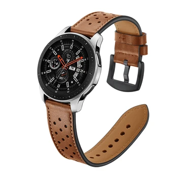 Ремешок из натуральной кожи 20мм 22мм для Samsung Galaxy Watch 42мм 46мм версия, черный, с коричневыми отверстиями, сменный браслет, ремешок, ремешок