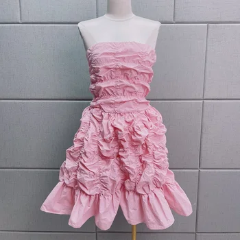 Розовая текстура, плиссированная салфетка для груди, легкое роскошное вечернее платье, множество дизайнерских решений, сладкий темперамент, элегантная мода