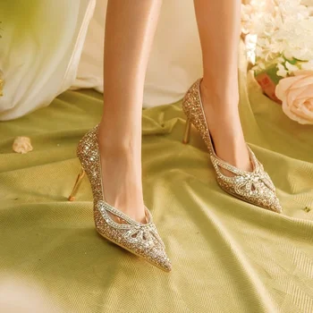 Свадебная обувь Ведущая-женщина Свадебное платье Two Wear 2022 Новые свадебные туфли на высоком каблуке с кристаллами Женская модная женская обувь