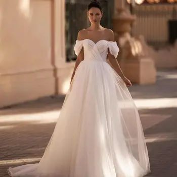 Свадебные платья из тюля с открытыми плечами 2023 Складка Милая Принцесса Макси Платье На молнии Сзади Летнее Vestido De Novia