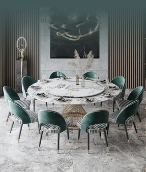 Светлый роскошный мраморный стол, большая семья, круглый стол, вилла, комбинация стола и стула, Скандинавский круглый стол с поворотным столом