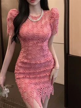 Сексуальная кружевная сумка, модный халат для вечеринки, облегающее платье 2023, женское летнее Корейское однотонное облегающее платье с круглым вырезом и коротким рукавом, Vestidos