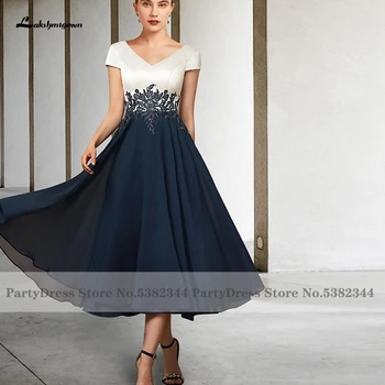 Скромное темно-синее платье для матери невесты с кружевными аппликациями 2021 Vestido Madrina Boda Свадебное платье с рукавом-чепчиком Чайной длины