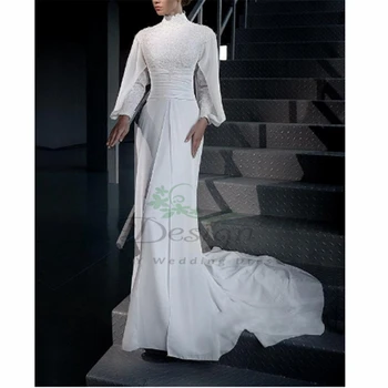 Фантастические белые шифоновые платья с пышными рукавами и высокой аппликацией, расшитые бисером, Vestito Da Sposa, свадебные платья со шлейфом 