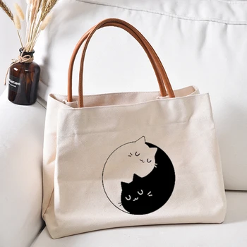 Холщовая сумка-тоут с принтом кошек и восьми диаграмм, подарок для любителей кошек, Сумка для кошек, Женская повседневная пляжная сумка, Сумка для покупок