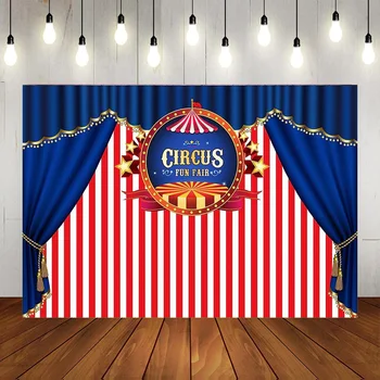 Цирковая тема С Днем Рождения Фоновая фигура Синий занавес в красную и белую полоску декоративный реквизит для фотосъемки Баннер
