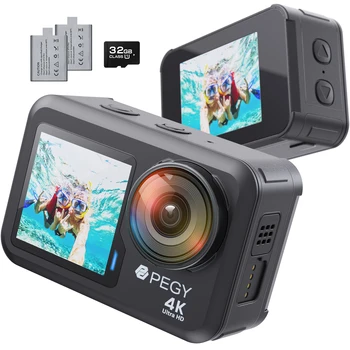 Экшн-камера PEGY с двойным экраном 4K 60 кадров в секунду с EIS WiFi Спортивные камеры Корпус Водонепроницаемый шлем Видеозапись Карта памяти 32 ГБ