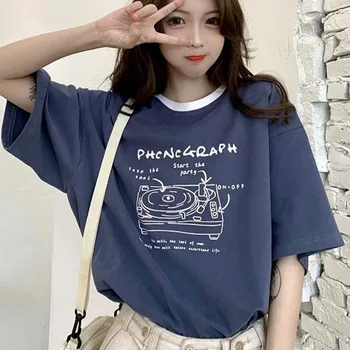 корейская девушка, футболка из чистого хлопка, женские летние повседневные футболки с короткими рукавами и буквенным принтом, студенческие дикие свободные топы с круглым вырезом
