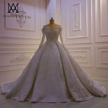 свадебное платье robe mariage с открытыми плечами и длинным рукавом с кружевной аппликацией