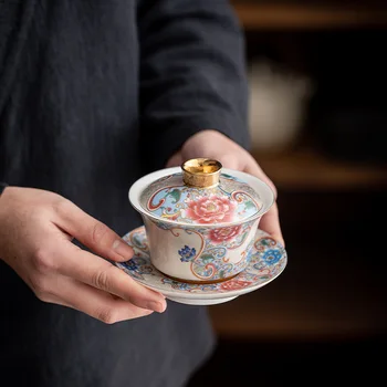 серебряная филигранная чаша с тремя чашками для чая, бытовой керамический чайный сервиз кунг-фу, чаша для приготовления чая с золотой эмалью